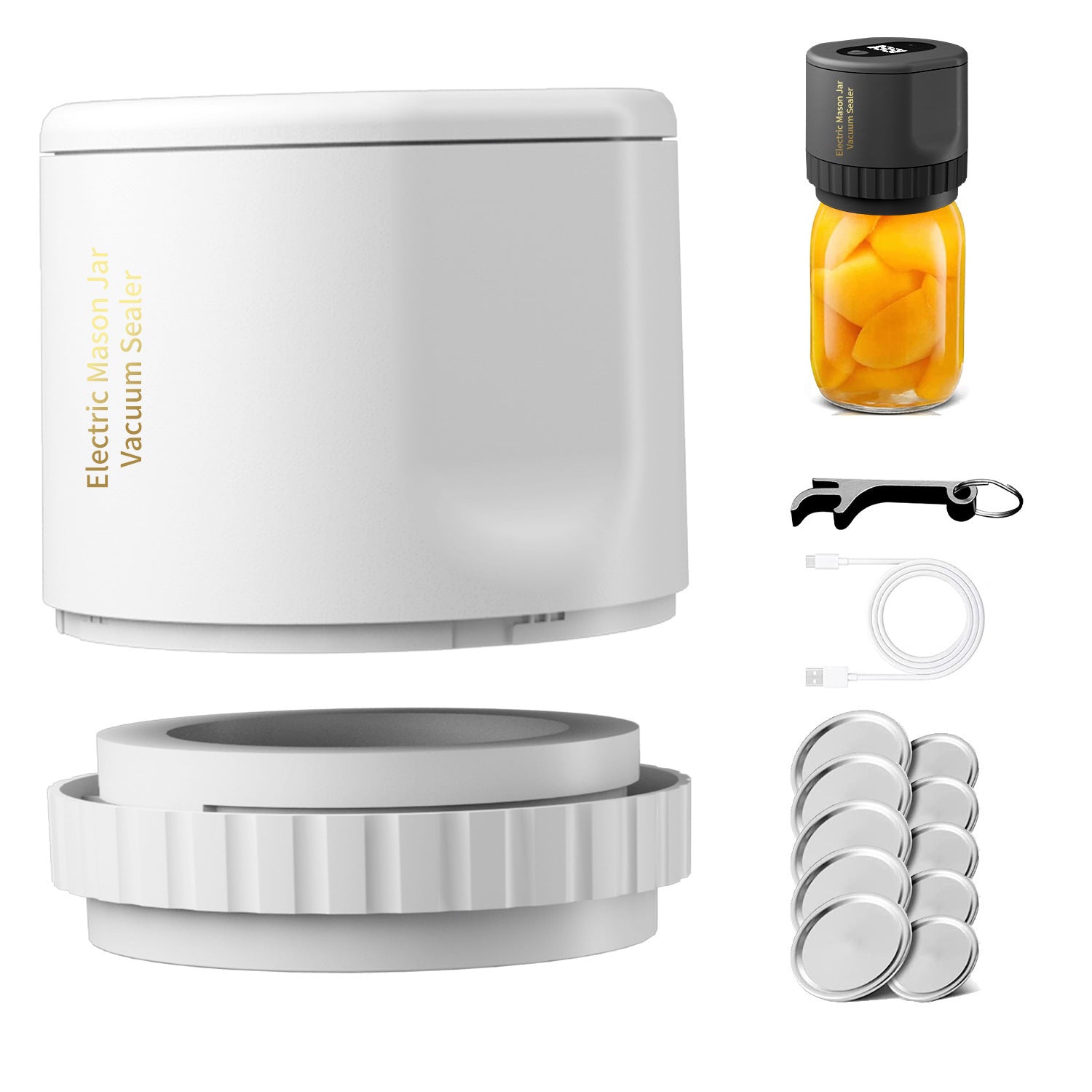 Household Food Fresh-keeping Electric Sealer Black Mason jar opener bundle white usb, lids, opener