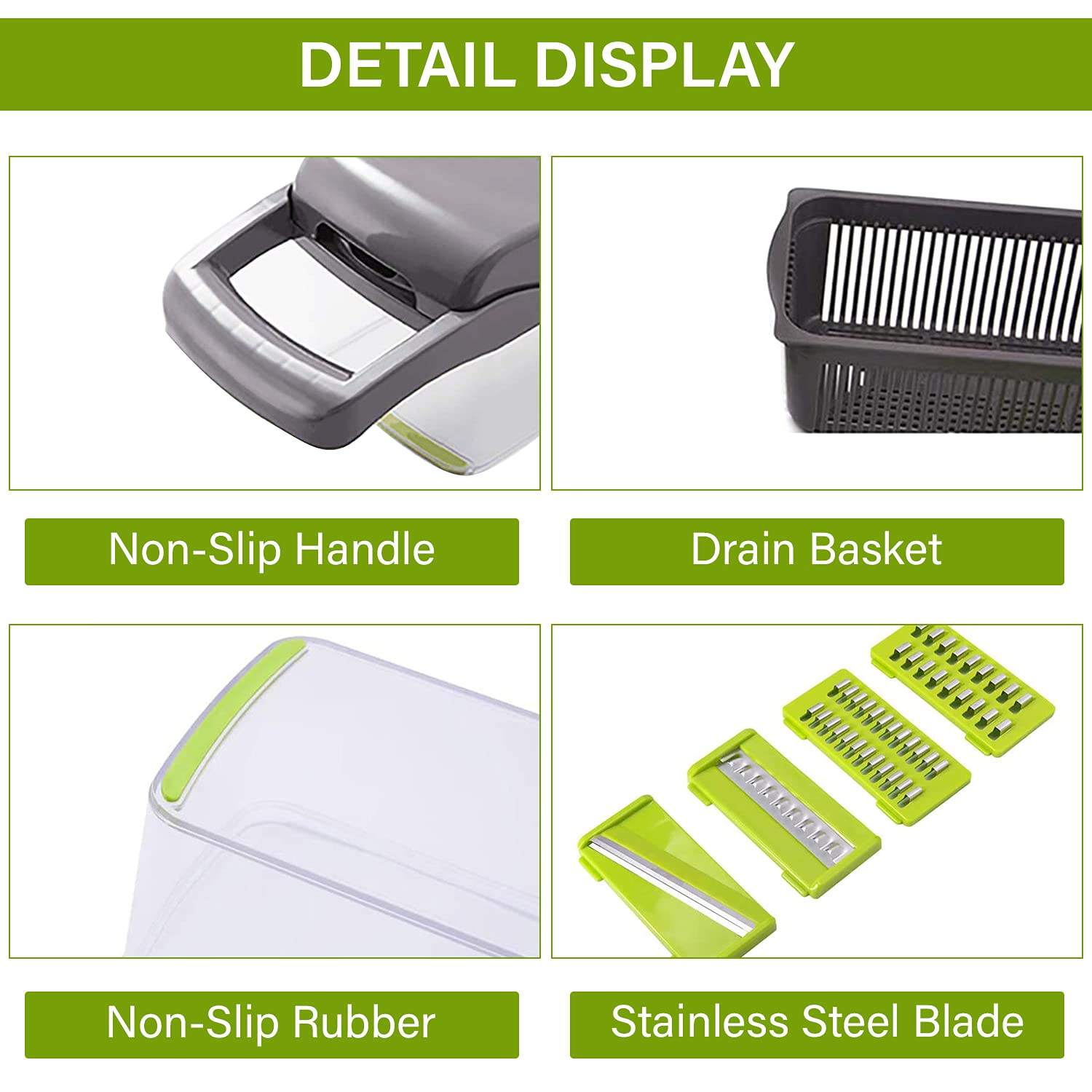 Detail Display Non-slip handle Drain basket Non-slip rubber, and stainless steel blades 12 In 1 Manual Vegetable Chopper Kitchen Gadgets Food Chopper Onion Cutter Vegetable Slicer