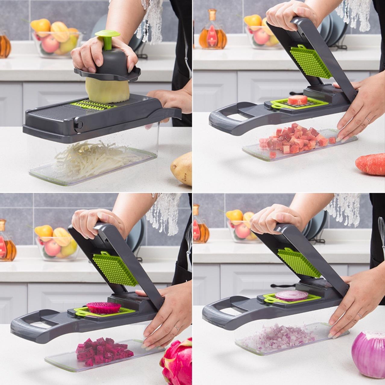 Four Different pictures of using this product 12 In 1 Manual Vegetable Chopper Kitchen Gadgets Food Chopper Onion Cutter Vegetable Slicer