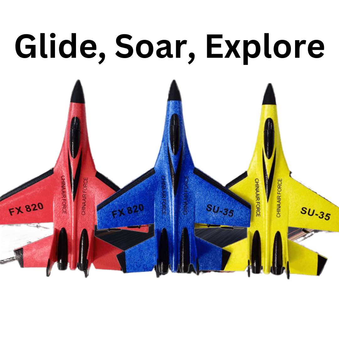 RC Airplane, Glide, Soar, Explore. comes in three colors Red, Blue and Yellow. Over head view