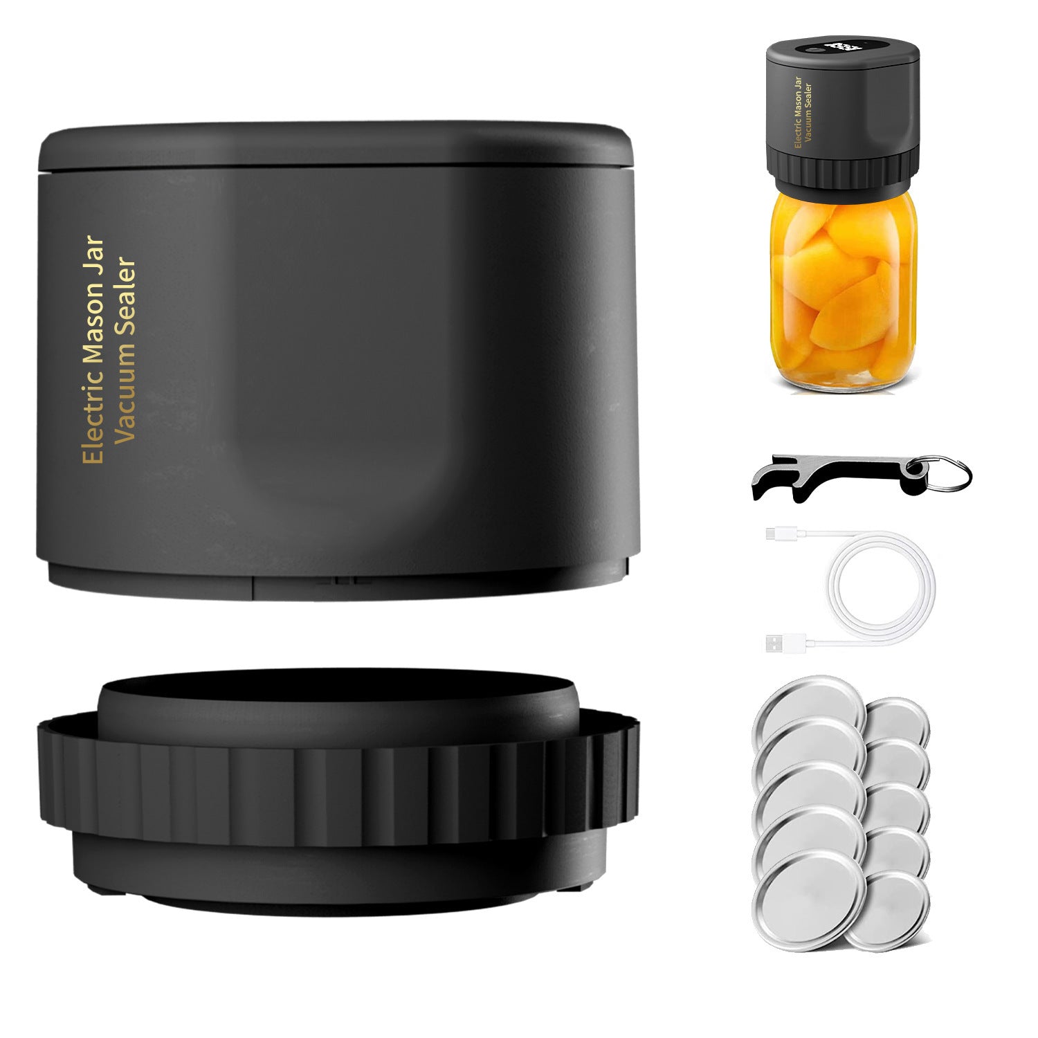 Household Food Fresh-keeping Electric Sealer Black Mason jar opener  bundle black. usb, lids, opener